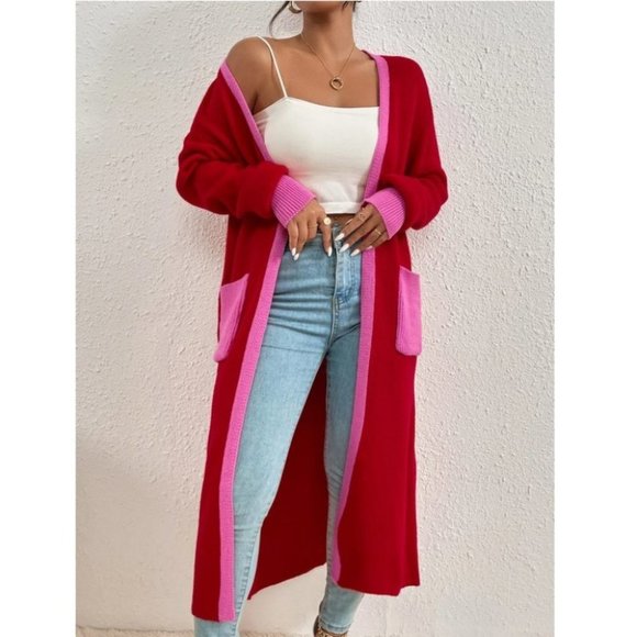 . Sweaters - knit Open Front Colorblock Pocketed Cardigan Pink Red